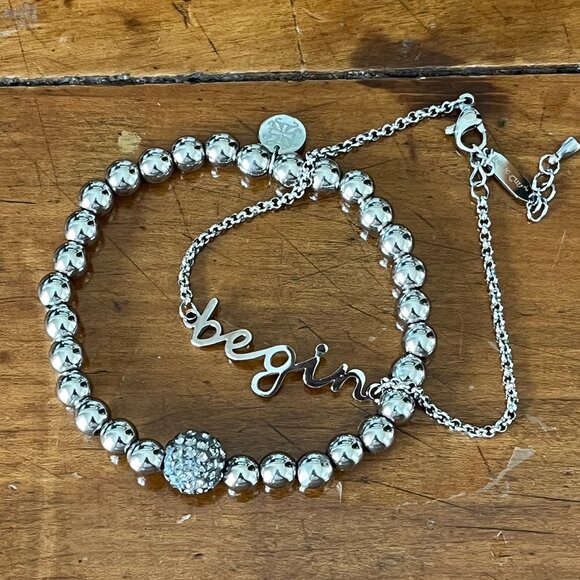 Rustic Cuff Set of Two Silvertone BEGIN Bracelet Set Beaded Logo - Picture 2 of 4